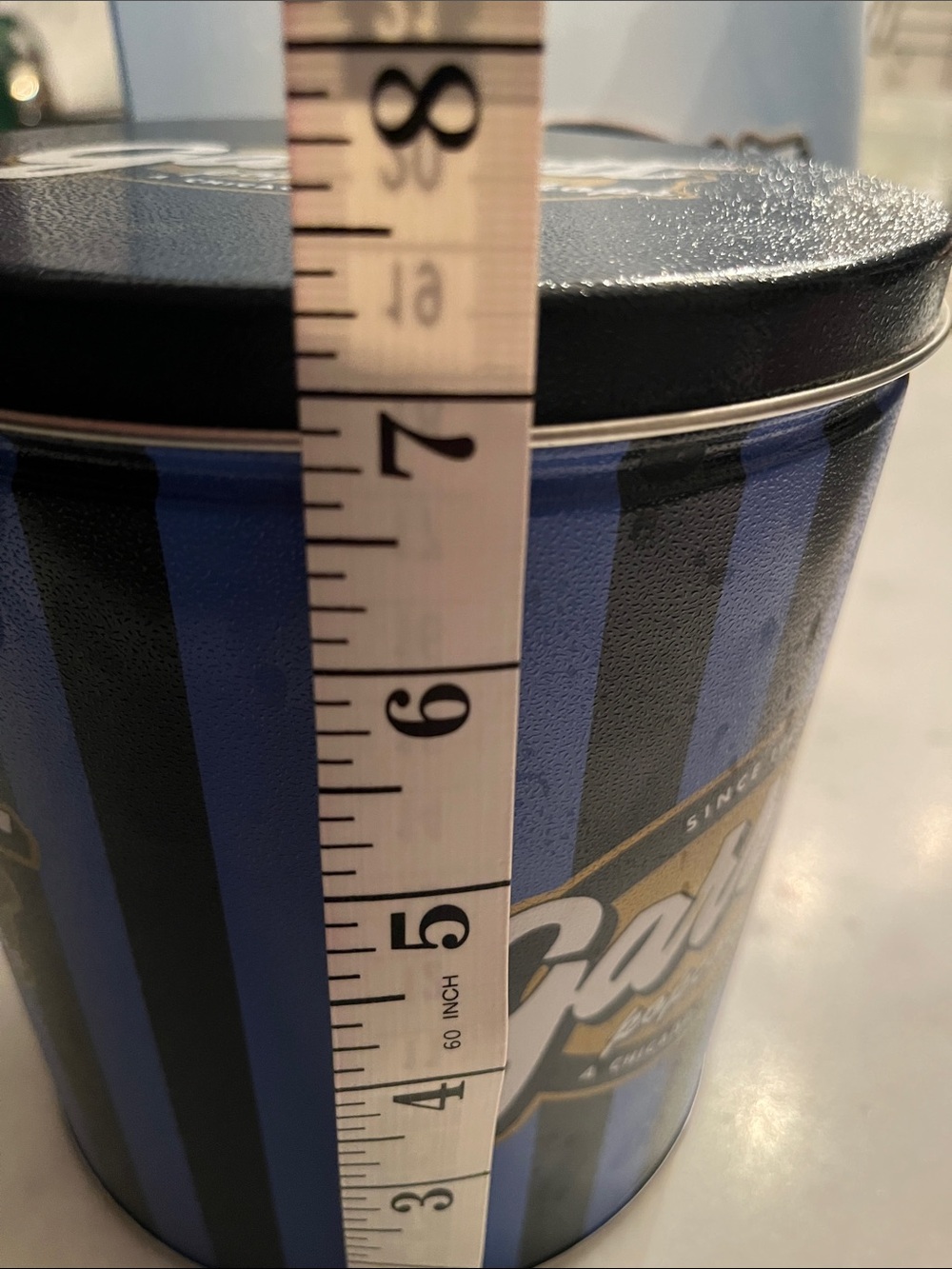 Garrett Popcorn Shops Tin and Shopping Bag - Blue & Black Stripe EMPTY - Picture 5 of 12